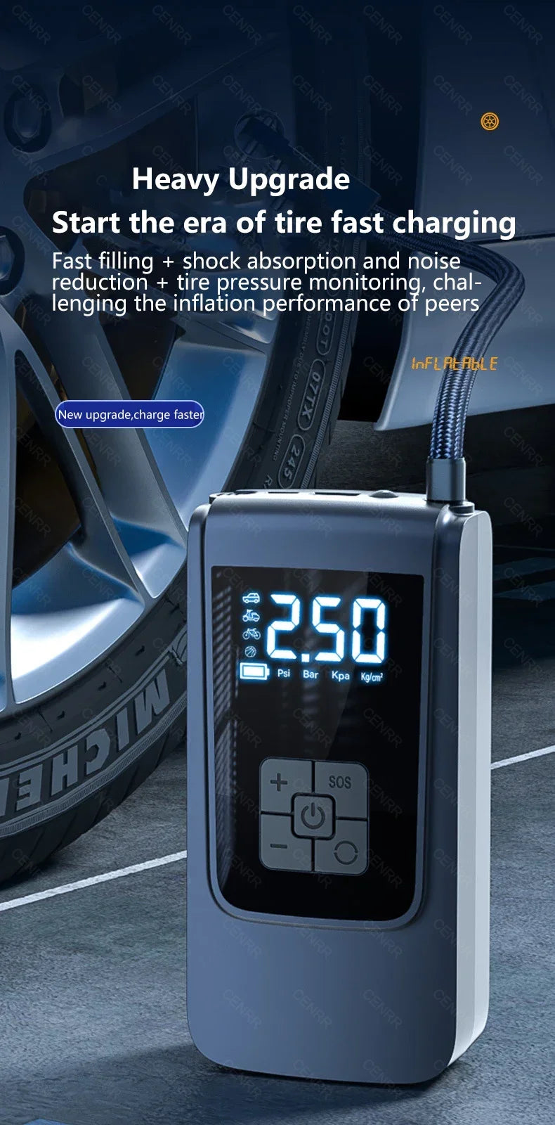 A portable wireless tire inflator device with a digital display is shown next to a tire.