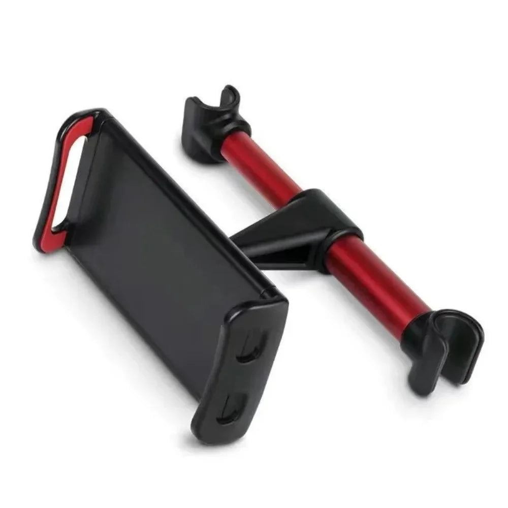 Support réglable noir pour siège de voiture, avec bras rouge, pour tablette et téléphone.