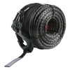 A spool of heavy-duty synthetic winch rope with a forged hook coiled on a black mounting strap.