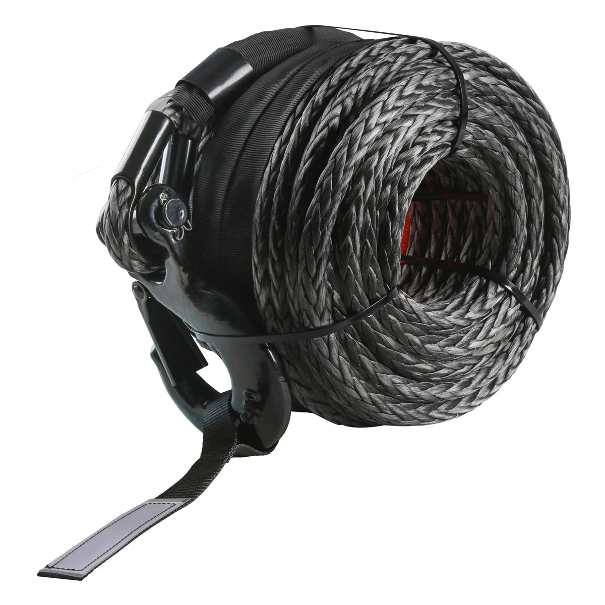 A spool of heavy-duty synthetic winch rope with a forged hook coiled on a black mounting strap.