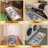 A runner rug featuring a design of a dollar bill is displayed in an entryway.