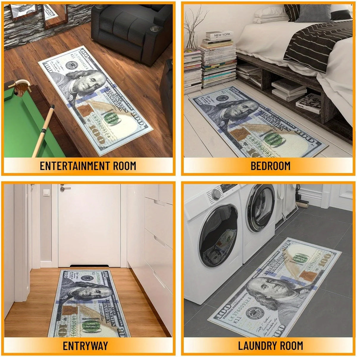 A runner rug featuring a design of a dollar bill is displayed in an entryway.