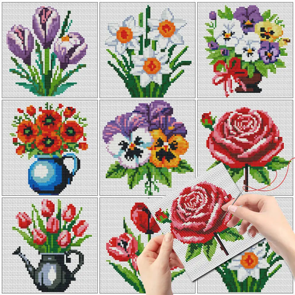 A collection of mini floral cross stitch designs featuring various flowers and vase patterns.