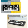 A black 37-key electronic piano with an LED display and microphone is shown playing on a colorful block table and in a living