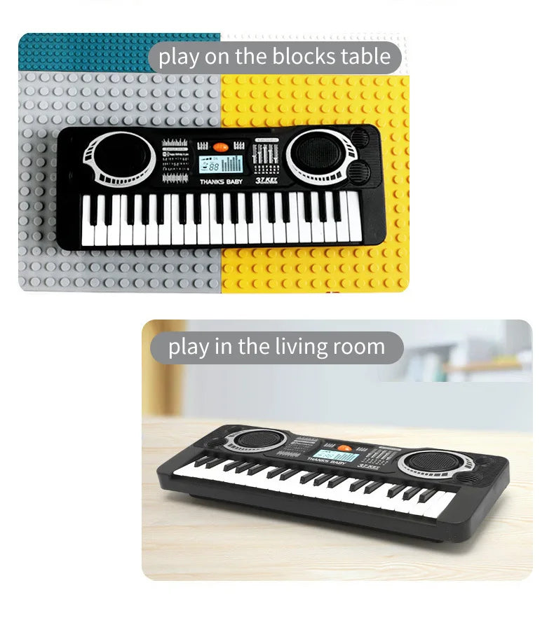 A black 37-key electronic piano with an LED display and microphone is shown playing on a colorful block table and in a living