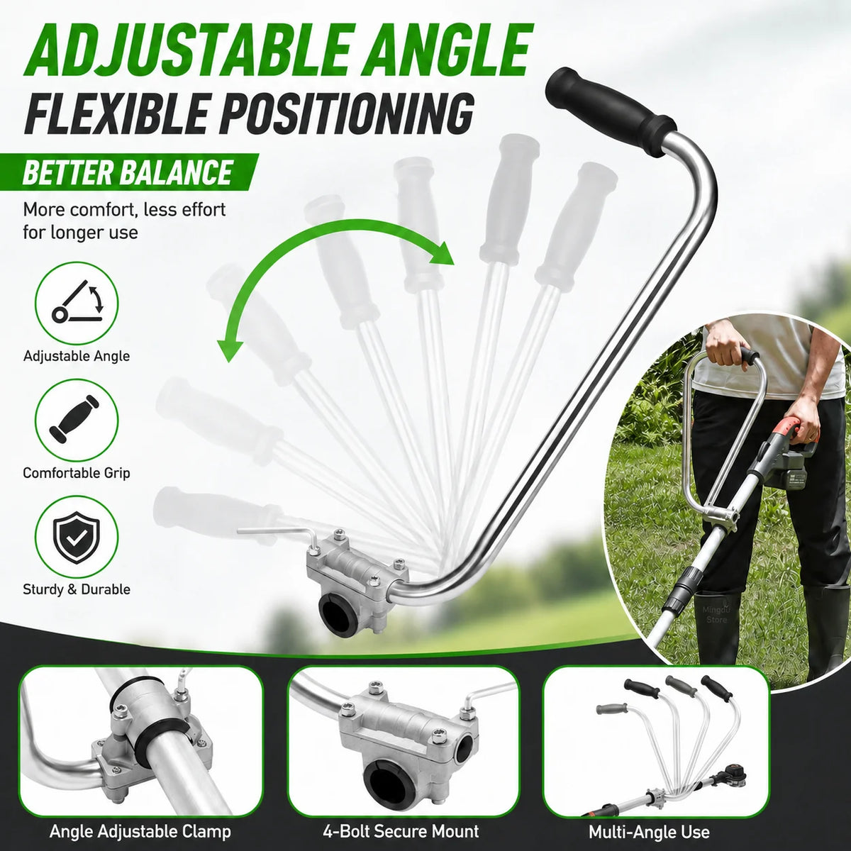 Adjustable angle flexible positioning handle for trimmers and brush cutters featuring a comfortable grip and sturdy mount