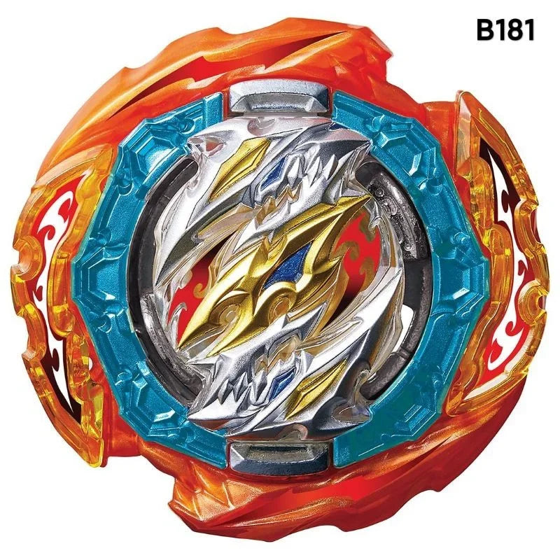 A battle spinning top with metal construction featuring a silver and gold design set against an orange background.