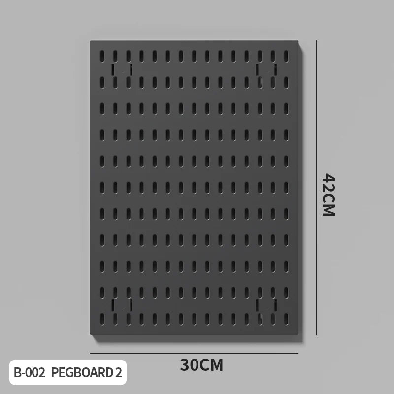 A gray pegboard organizer board measuring 30cm by 42cm with numerous holes for hanging items.