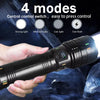 A hand holds a black rechargeable LED flashlight with four light modes and an OLED display against a dark background.