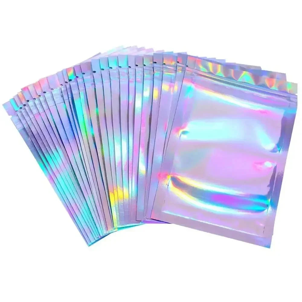 A stack of 40 holographic rainbow self-sealing bags with clear windows.