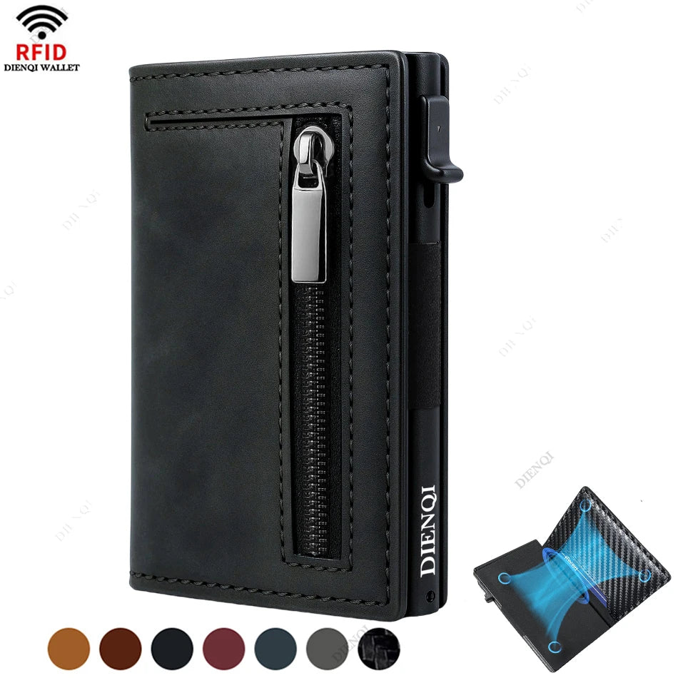 Porte-cartes en aluminium noir et mince avec fermeture éclair et protection RFID.
