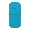 A teal or light blue stroller seat cushion with a contoured design for a baby's seat.