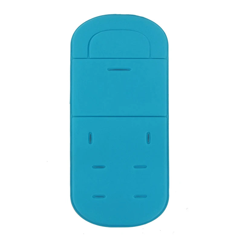 A teal or light blue stroller seat cushion with a contoured design for a baby's seat.