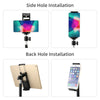 Side and back hole installation methods for an adjustable aluminum tripod stand used to mount tablets and phones