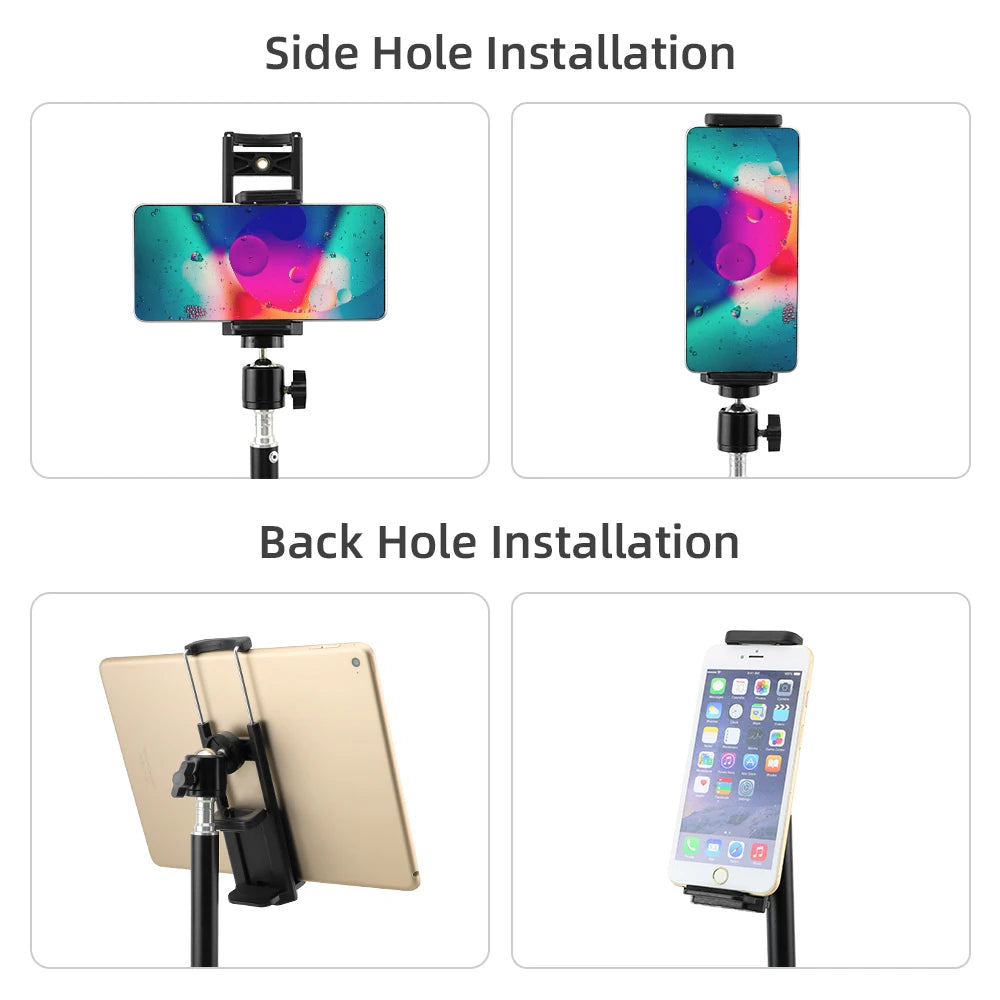 Side and back hole installation methods for an adjustable aluminum tripod stand used to mount tablets and phones