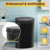A black automatic touchless trash can with a waterproof coating is shown next to a tiled wall.