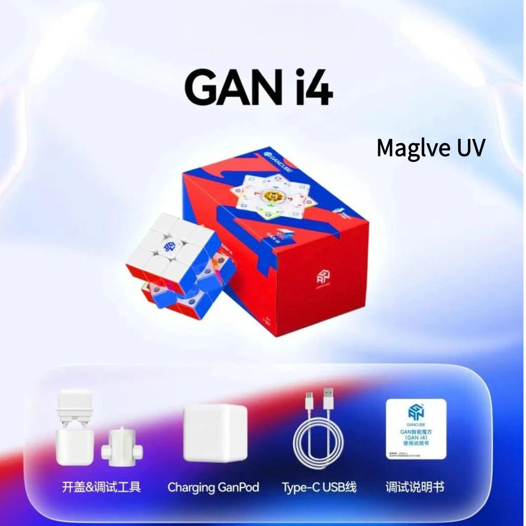 A red box for the GAN i4 Maglve UV puzzle is shown next to various accessories like a charging pod and instruction manual.