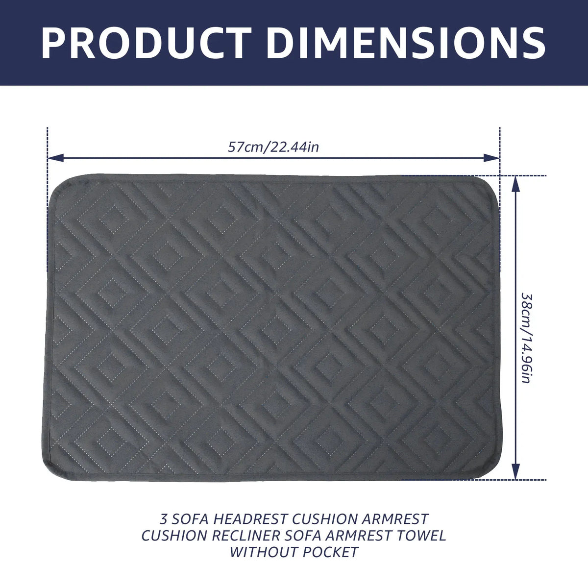A rectangular gray cushion recliner towel with dimensions of 57cm x 38cm.