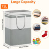 A large gray foldable canvas laundry basket with a handle, showing various items for scale.