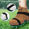 A close-up of brown adjustable lawn aerator shoes with black straps and heavy-duty spikes on a green lawn.