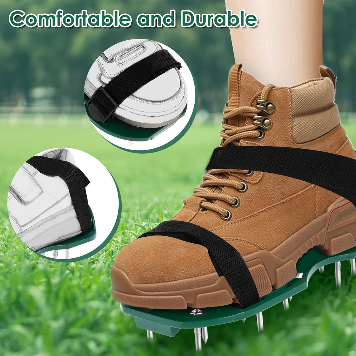 A close-up of brown adjustable lawn aerator shoes with black straps and heavy-duty spikes on a green lawn.