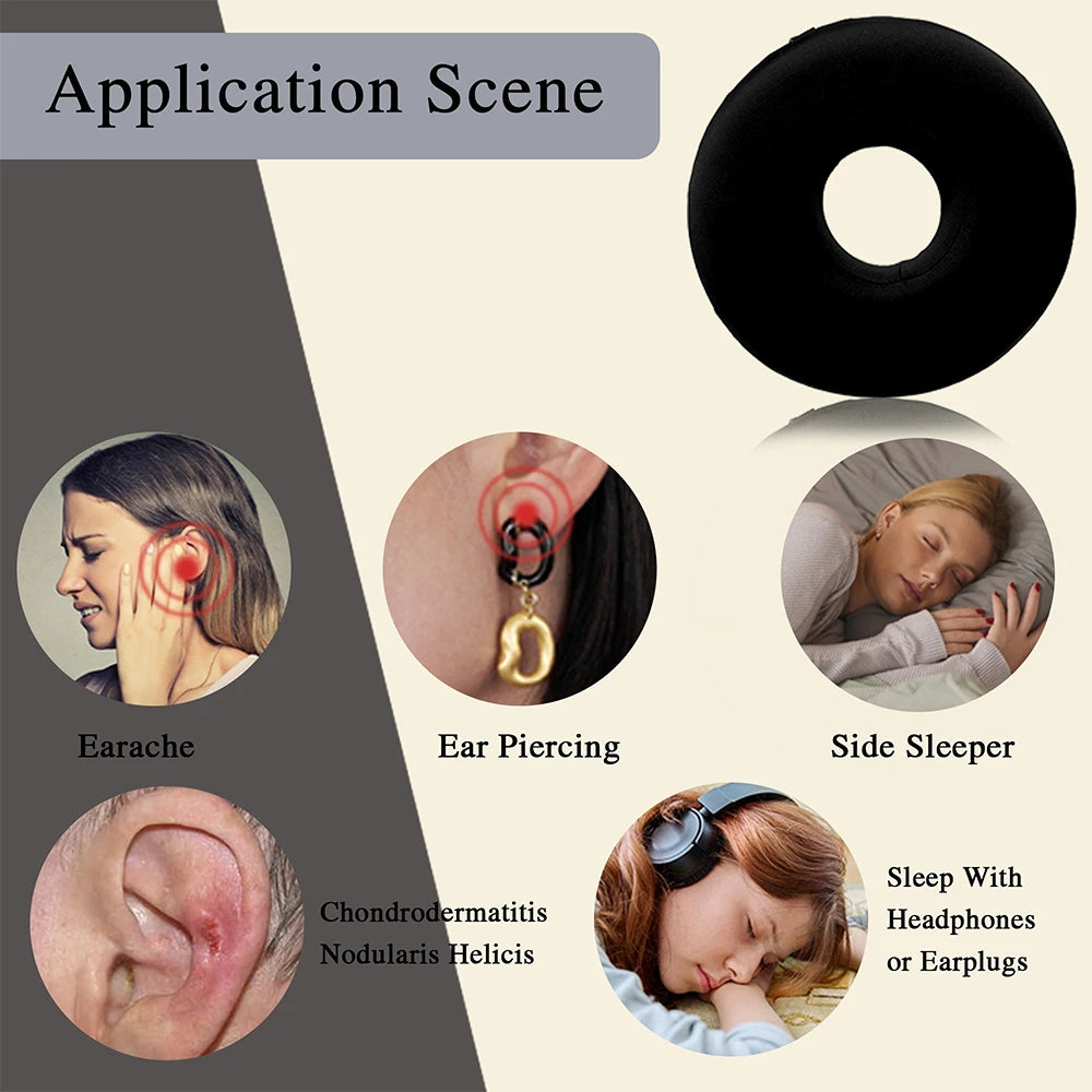 A collection of ear piercing and sleep products including an ear, a nose ring, and a memory foam pillow.