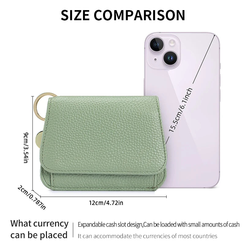 Genuine Leather Tri-Fold Wallet with Coin Pocket & Keychain