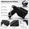 Black 3D printed mini pistol-shaped keychain set with a silver chain and various features highlighted.