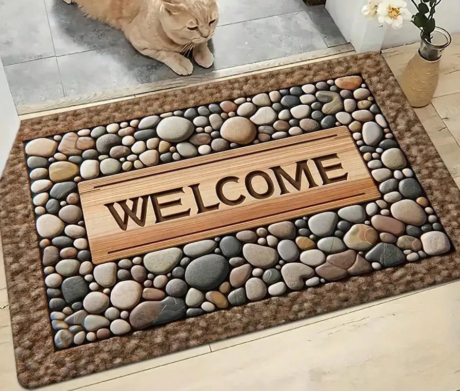 Inspirierendes Tür-Mat mit dem Wort WELCOME in Holz platziert, umgeben von glatten Flusssteinen.