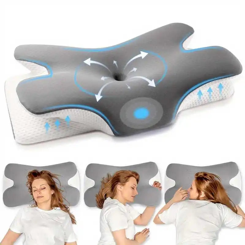 Graues ergonomisches Memory-Schaum-Nackenkissen, das eine Frau zum Schlafen benutzt.