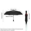 Black double-layer windproof umbrella shown with dimensions and a vertical light source.