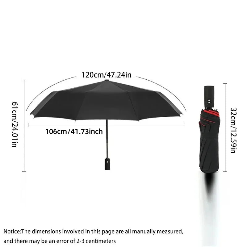 Black double-layer windproof umbrella shown with dimensions and a vertical light source.