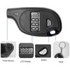 A black digital tire pressure gauge showing PSI, BAR, and KPA readings with a button and hook.