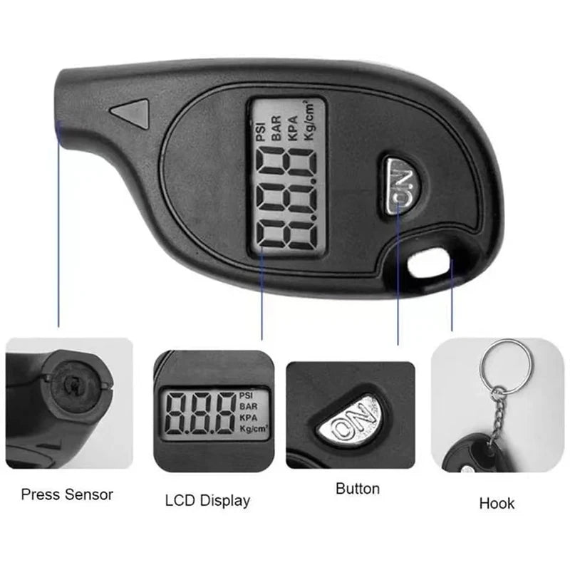 A black digital tire pressure gauge showing PSI, BAR, and KPA readings with a button and hook.
