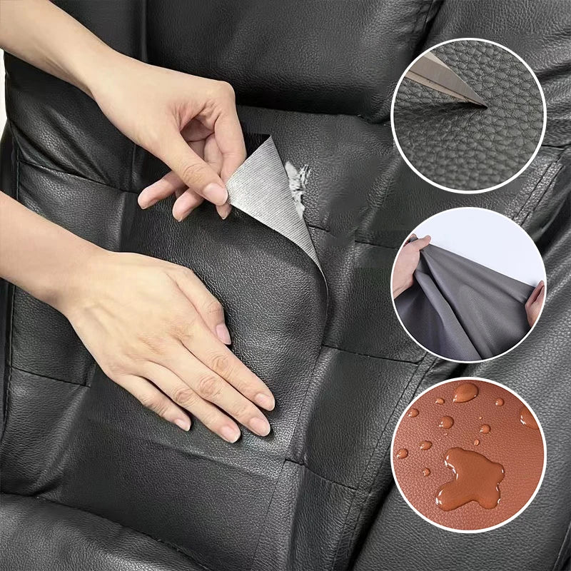 Hands are applying a self-adhesive leather repair patch to black leather furniture or car seat material.