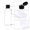 A set of five clear refillable travel bottles with black flip caps shown in various angles.