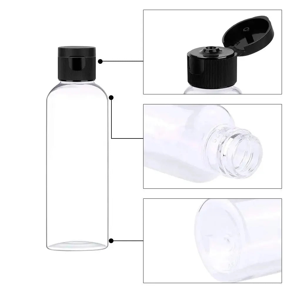 A set of five clear refillable travel bottles with black flip caps shown in various angles.