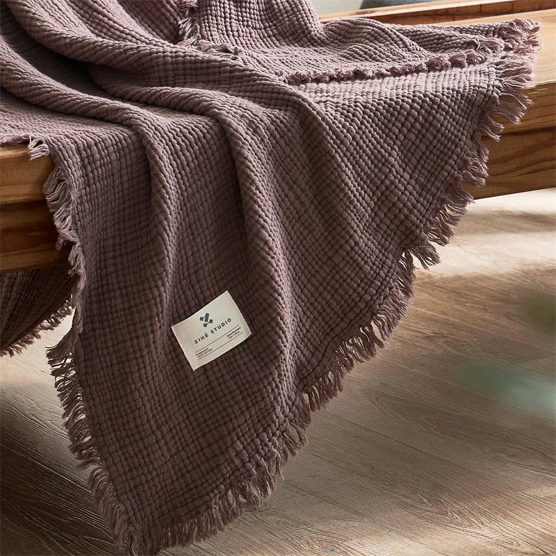 Four-Layer Cotton Gauze Throw Blanket with Tassel Trim