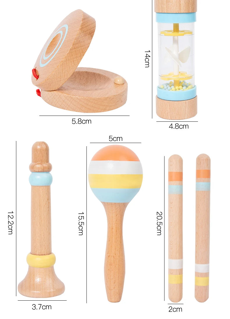 A set of wooden percussion instruments including a mallet, a maraca, and a rattle.