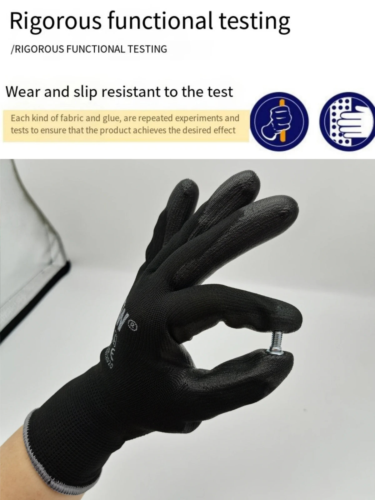 A hand wearing a black PU-coated work glove with a metal stud on the finger, demonstrating rigorous functional testing.