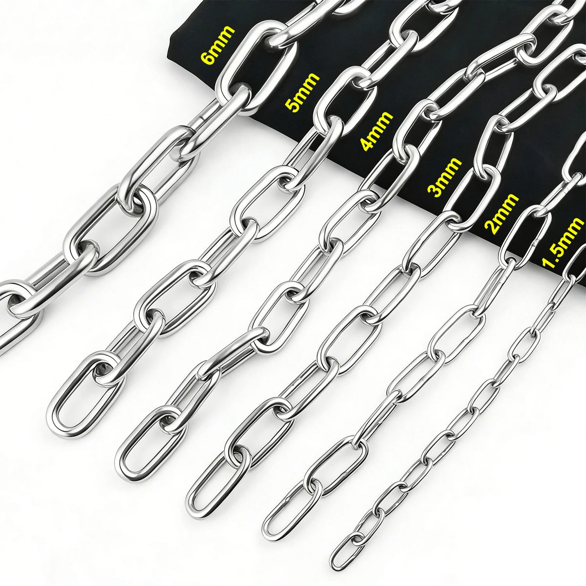 A set of premium 304 stainless steel chains of varying thicknesses and lengths displayed against a black background.