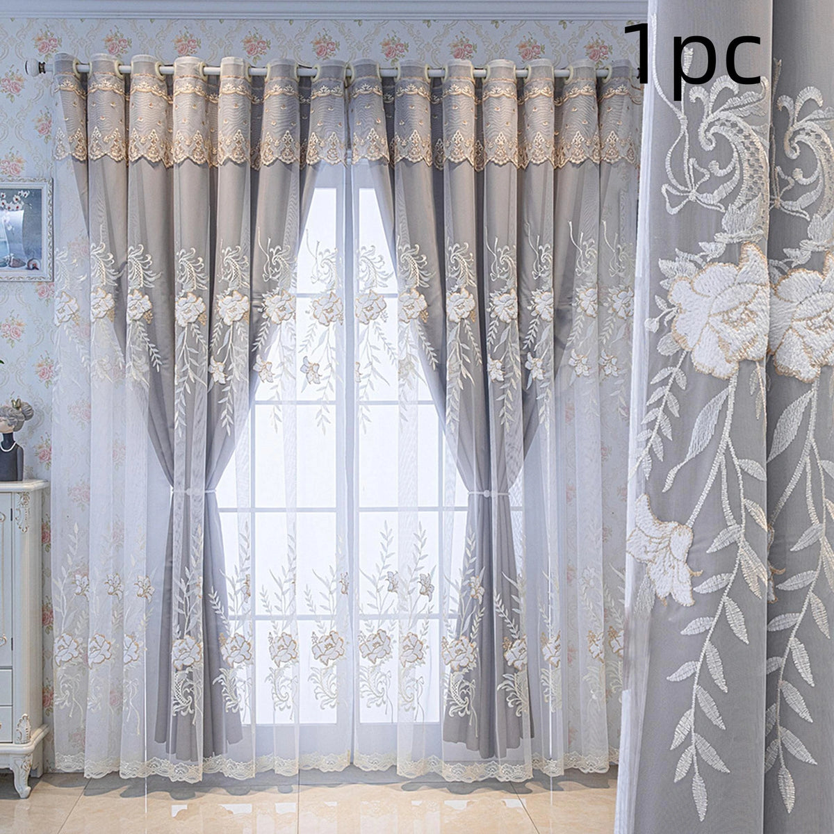 Double Layer Sheer and Blackout Curtain with Elegant Embroidery