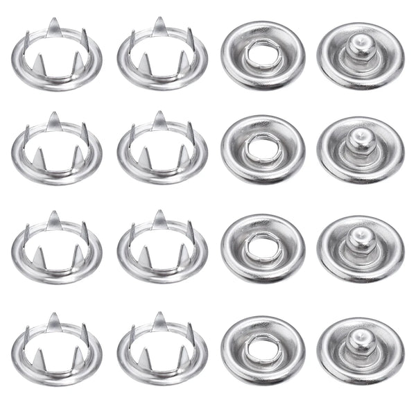 A set of 50 silver iron snap buttons for DIY sewing, shown in various views.
