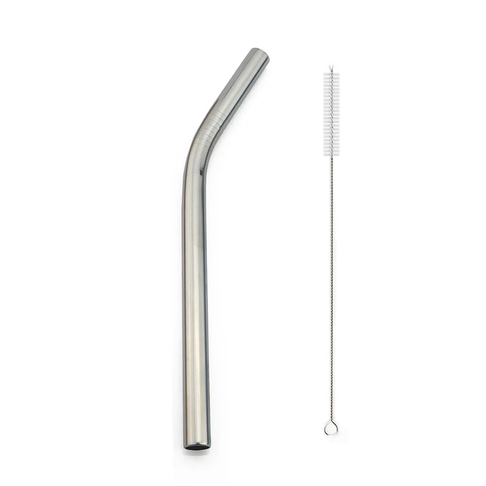 A reusable 304 stainless steel drinking straw with a cleaning brush.