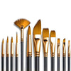 A collection of twelve paintbrushes with gold ferrules and black handles, including flat brushes for various mediums.