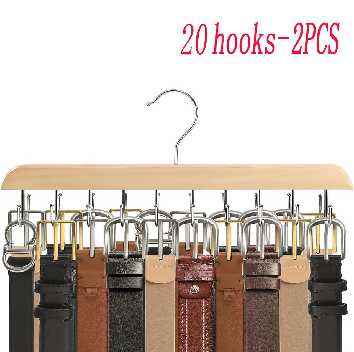 20 wooden hooks in 2 pieces used for hanging belts, hats, and accessories
