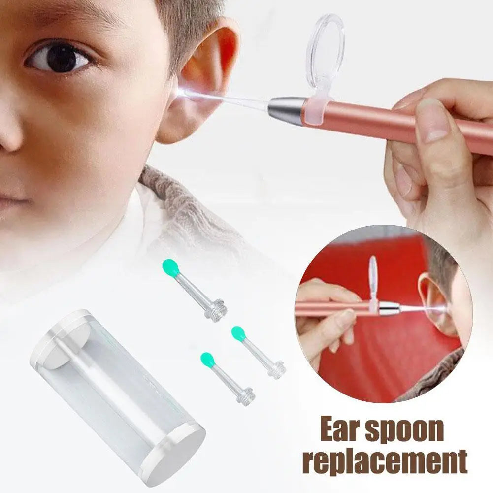A hand is shown using a pink device to perform ear spoon replacement, with spare tips visible.
