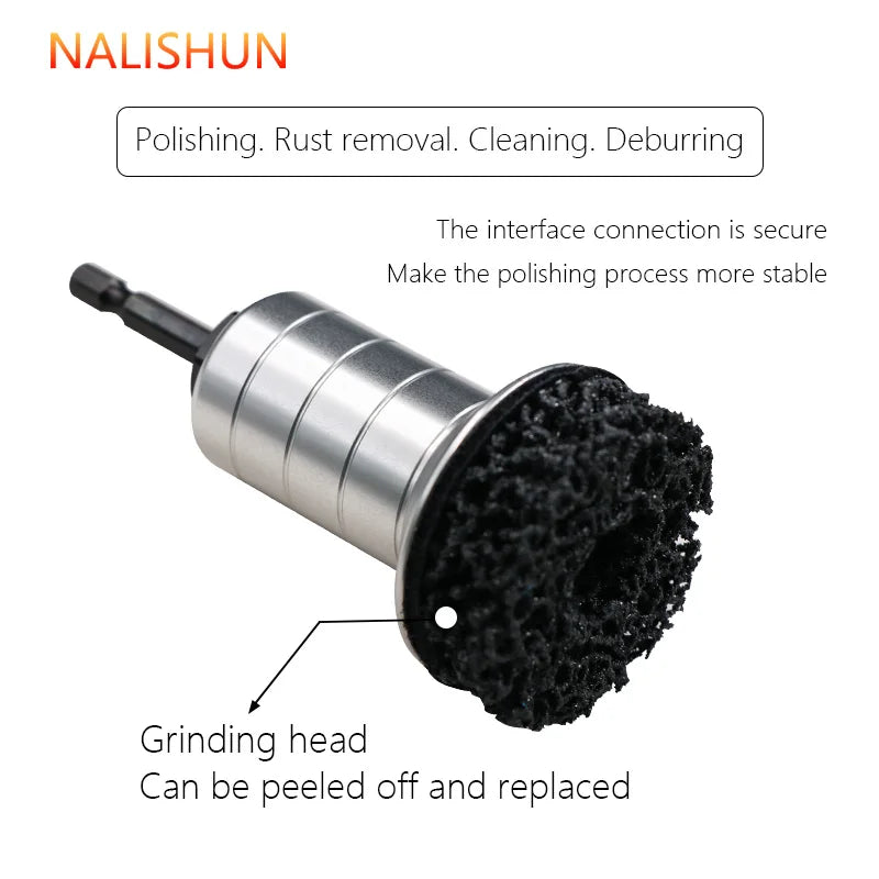 A close-up view of a grinding head for rust removal and polishing, showing the interface connection.