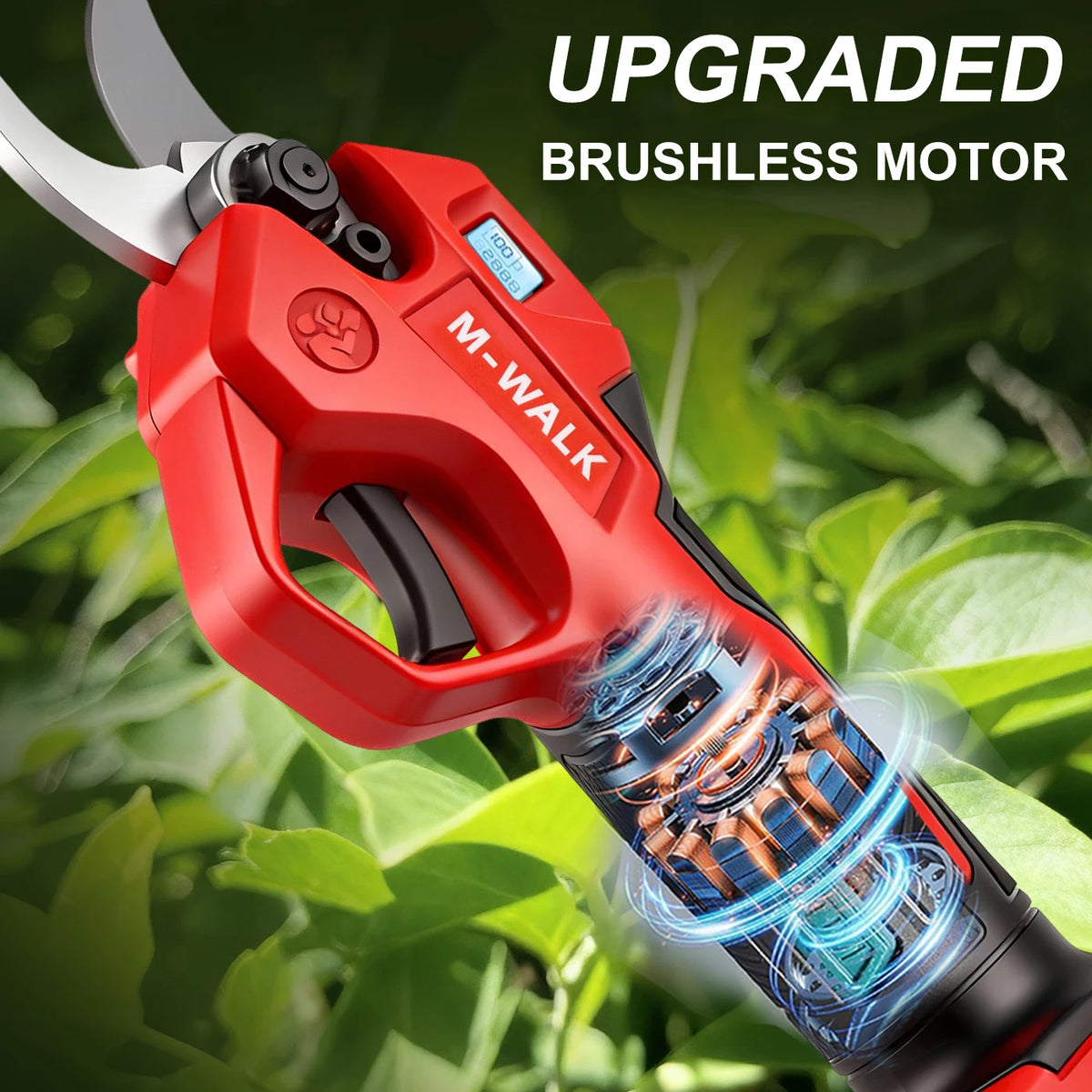 Red M-Walk brushless motor pruning shears with a silver blade shown against green foliage.