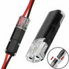 A close-up view of a waterproof 2-pin electrical connector with red and black wiring leads.